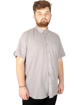 ModeXL Erkek Gömlek 6XL Cepli 20389 Günlük Stil Gri Keten Likralı Kısa Kol Desenli