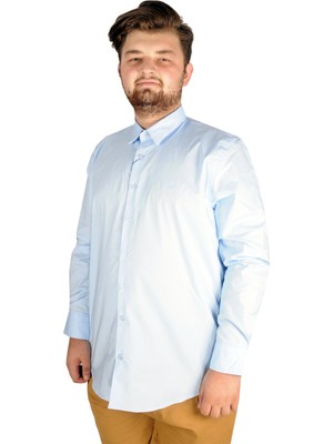 ModeXL Büyük Beden Erkek Klasik Gömlek Mavi Uzun Kol Düz Stil Rahat Kesim