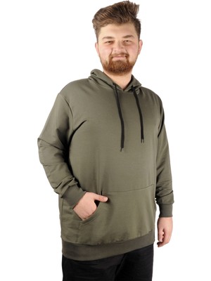 ModeXL Büyük Beden Haki Eşofman Üstü Uzun Kol Kapüşonlu Erkek %50 Cotton %50 Polyester