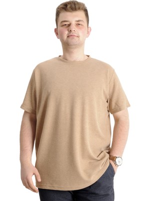 ModeXL Büyük Beden Erkek T-Shirt Kısa Kol Günlük Stil Bej Waffle Malzeme