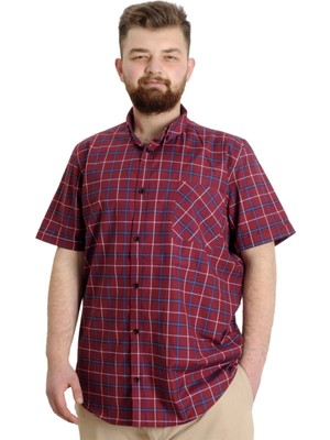ModeXL  Büyük Beden Erkek Gömlek Ekose Kısa Kollu 23301 Bordo