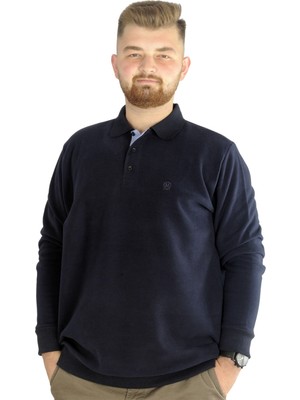 ModeXL Erkek Lacivert Sweatshirt Polo Yaka Uzun Kol Desenli Ekstra Konfor 3XL