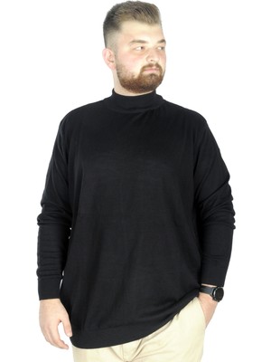 ModeXL Büyük Beden Erkek Kazak Yarım Balıkçı Dik Yaka Siyah Günlük Stil