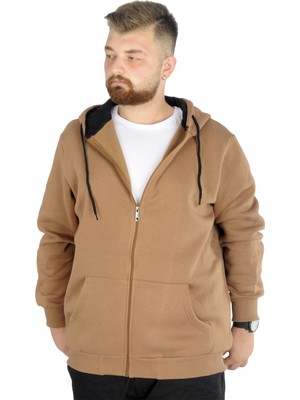 ModeXL Erkek Kapşonlu Zippered Sweatshirt Sütlü Kahve Uzun Kol Düz Renk 20543 Ekstra Konfor