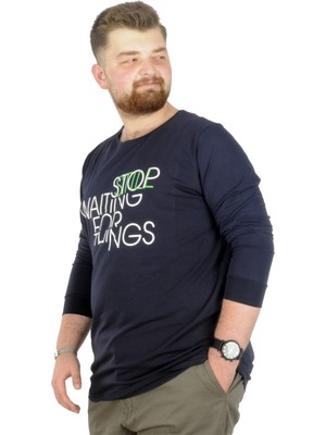 ModeXL  Büyük Beden T-Shirt Bisiklet Yaka Stop Waiting 22201 Lacivert