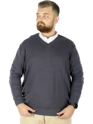 ModeXL Büyük Beden Erkek Kazak V Yaka Füme Renk Günlük Kullanım İçin 2023 Sonbahar - Kış