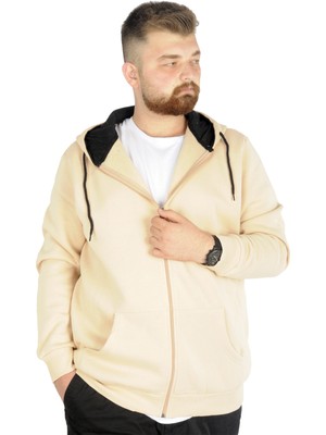 ModeXL Erkek Kapşonlu Sweatshirt Bej Renk Uzun Kollu Düz Tasarım 2023 Sonbahar Kış
