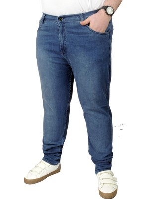 ModeXL Büyük Beden Erkek Pantolon Mavi İşlemeli Kot %97 Pamuk %3 Likra 21920 Model