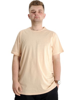 ModeXL Bej Büyük Beden Erkek T-Shirt Bisiklet Yaka Basic 20031 %100 Pamuk Düz Renk