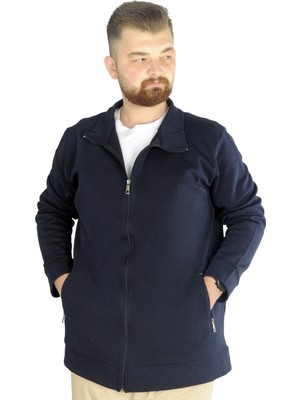 ModeXL Büyük Beden Erkek Hırka Uzun Kol Fermuarlı Düz Renk Lacivert Kalın Kumaş