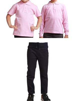 Mavimoure Unisex Çocuk Ribana Bel Keten Okul Pantolonu + Polo Yaka Kısa ve Uzun Kol T-Shirt