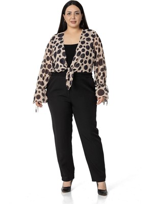Disentis Modest Büyük Beden Kol Detaylı Önü Çift Kat Bağlamalı Şifon Siyah Puanlı Vizon Bolero