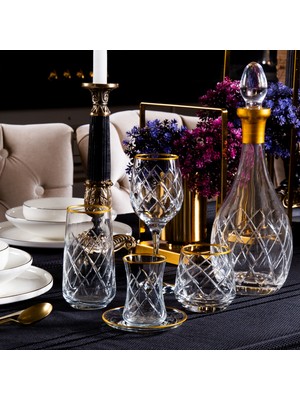 Sudeka 61 Parça 12 Kişilik Kare Gold El Dekor Kesme Cam Su Takımı​​​​​​​