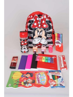 LİSANSLI MINNIE MOUSE ANAOKULU ÇANTASI ,TRITAN MATARA 500 ML VE KIRTASİYE SETİ
