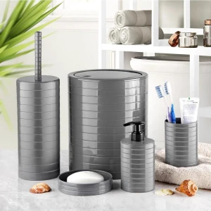 Lees home Moblen Gri Yuvarlak Banyo Seti 5'li Set Çöp Kovası Diş Fırçalık Sıvı Sabunluk
