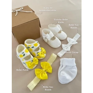 Masal Baby Kids Kız Bebek Desenli Patik / Yeni Doğan Hediyelik / Saç Bantlı Mevlüt Patiği