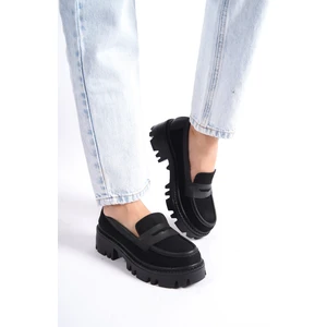 MB1190-S Kalın Taban Lüx Süet Siyah Kadın Kolej Loafer