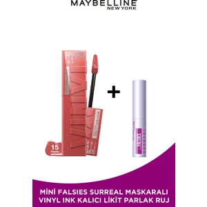 Maybelline New York Super Stay Vinyl Ink Uzun Süre Kalıcı Likit Parlak Ruj 15 Peachy Mini Surreal Maskara Hediyeli