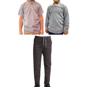 Unisex Çocuk Ribana Bel Keten Okul Pantolonu + Polo Yaka Kısa ve Uzun Kol T-Shirt
