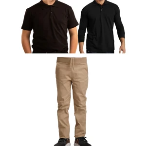 Unisex Çocuk Ribana Bel Keten Okul Pantolonu + Polo Yaka Kısa ve Uzun Kol T-Shirt