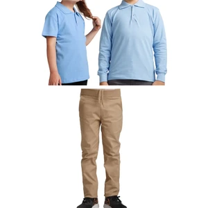 Unisex Çocuk Ribana Bel Keten Okul Pantolonu + Polo Yaka Kısa ve Uzun Kol T-Shirt