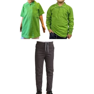 Unisex Çocuk Ribana Bel Keten Okul Pantolonu + Polo Yaka Kısa ve Uzun Kol T-Shirt