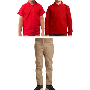 Unisex Çocuk Ribana Bel Keten Okul Pantolonu + Polo Yaka Kısa ve Uzun Kol T-Shirt