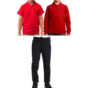 Unisex Çocuk Ribana Bel Keten Okul Pantolonu + Polo Yaka Kısa ve Uzun Kol T-Shirt