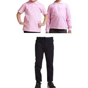 Unisex Çocuk Ribana Bel Keten Okul Pantolonu + Polo Yaka Kısa ve Uzun Kol T-Shirt