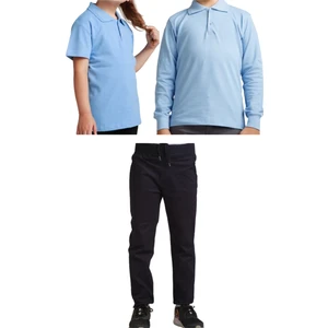 Unisex Çocuk Ribana Bel Keten Okul Pantolonu + Polo Yaka Kısa ve Uzun Kol T-Shirt