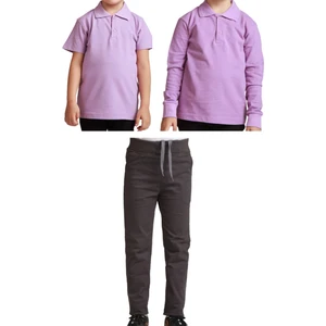 Unisex Çocuk Ribana Bel Keten Okul Pantolonu + Polo Yaka Kısa ve Uzun Kol T-Shirt