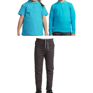Unisex Çocuk Ribana Bel Keten Okul Pantolonu + Polo Yaka Kısa ve Uzun Kol T-Shirt