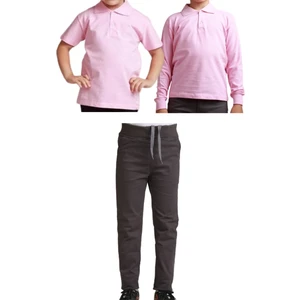 Unisex Çocuk Ribana Bel Keten Okul Pantolonu + Polo Yaka Kısa ve Uzun Kol T-Shirt