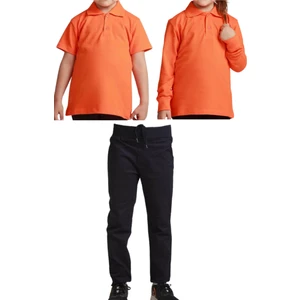 Unisex Çocuk Ribana Bel Keten Okul Pantolonu + Polo Yaka Kısa ve Uzun Kol T-Shirt