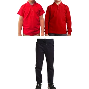 Unisex Çocuk Ribana Bel Keten Okul Pantolonu + Polo Yaka Kısa ve Uzun Kol T-Shirt