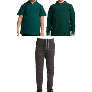 Unisex Çocuk Ribana Bel Keten Okul Pantolonu + Polo Yaka Kısa ve Uzun Kol T-Shirt