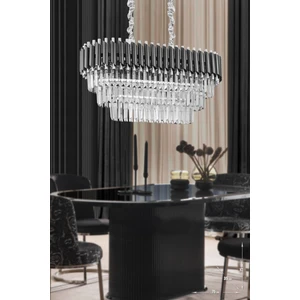 Palmira 75X35 cm Kristal Taşlı Lüks 3 Katlı Yemek Masası Üstü Avize 6'lı - (Siyah-Krom) PT-800-70K-3