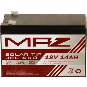 Maz Akü 12 Volt 14 Amper (Ah) Solar Jel Akü (Güneş Paneli Akü)