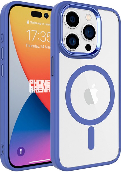 Apple Iphone 15 Pro Max Kılıf Renkli Silikon Kenarlı Magsafeli Arkası Şeffaf Krom Kapak