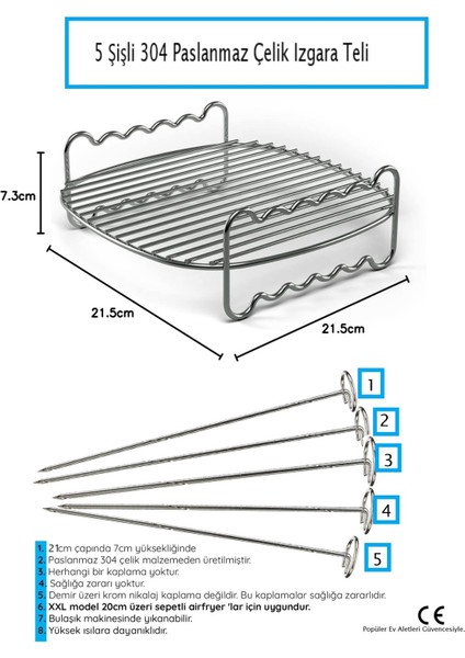 Airfryer Xxl Izgara Teli, 21,5 cm Paslanmaz Çelik 5 Adet Şiş