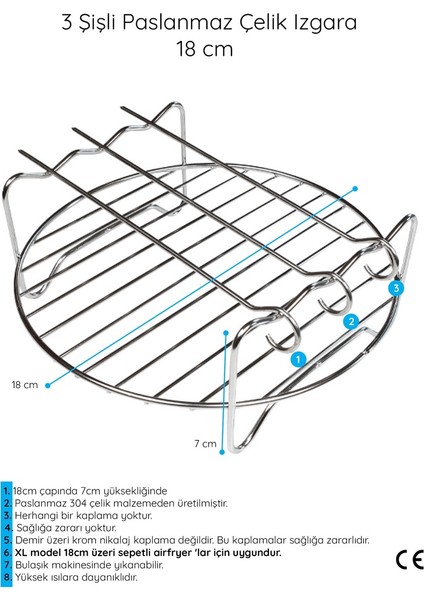 Airfryer 3 Şişli Paslanmaz Çelik 304 Tel Izgara 18CM