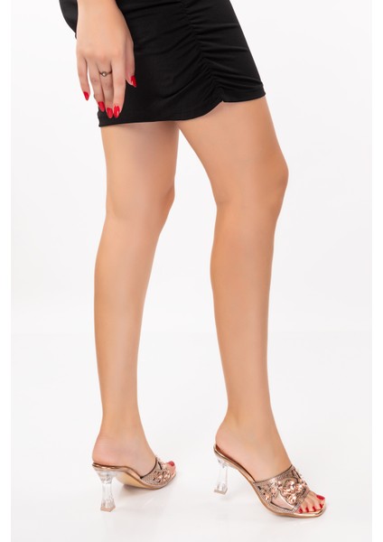 Kadın Bakır Taşlı Şeffaf Topuk Abiye Terlik modelleri