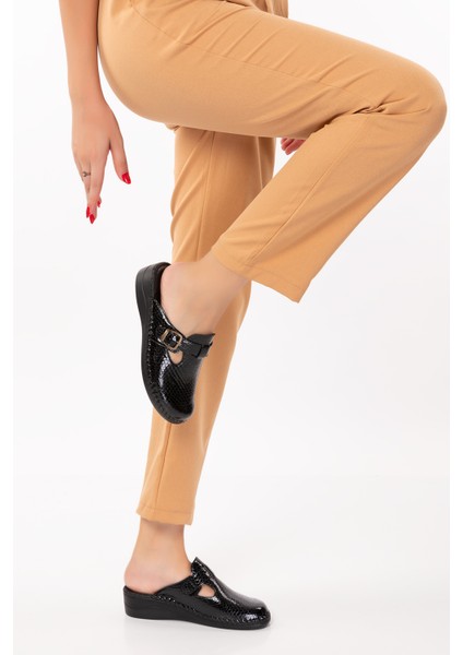 Kadın Siyah Rugan Yılan Desen Ortopedik Terlik modelleri