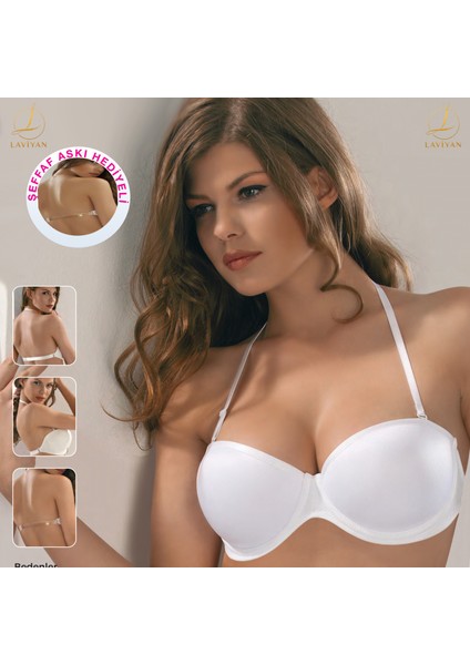 Beyaz Straplez Micro Kaplı Sütyen, Desteksiz/dolgusuz, Boyundan, Sırtı Şeffaf Askılı, Silikon Şeritli