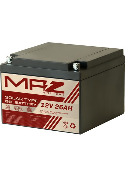 Maz Akü 12 Volt 26 Amper Solar Jel Akü 12V 26AH (Yeni Üretim)