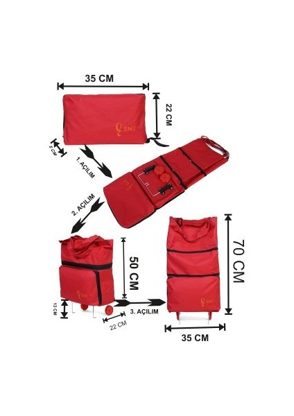 ENT CANTA Nergis Model Su Geçirmez, 2 Tekerli ve Katlanabilir Alışveriş ve Seyahat Çantası - Kırmızı