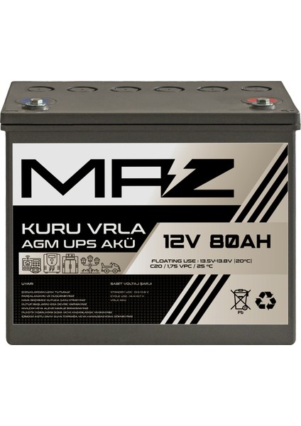 Maz Akü 12 Volt 80 Amper (Ah) Kuru Agm Vrla Güç Kaynağı Ups Akü