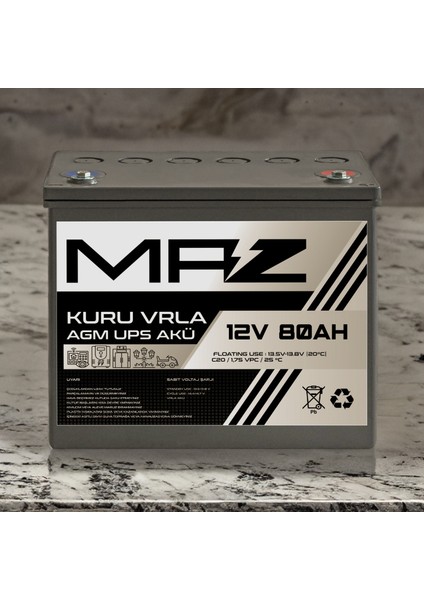 Maz Akü 12 Volt 80 Amper (Ah) Kuru Agm Vrla Güç Kaynağı Ups Akü