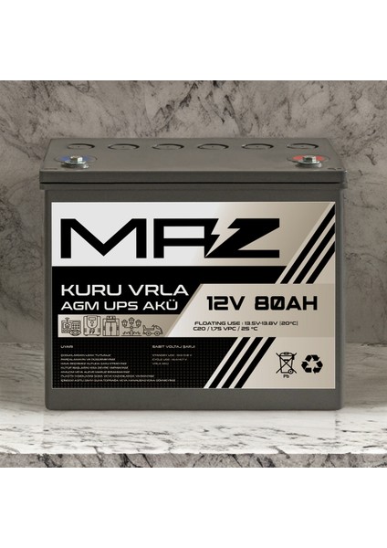 Maz Akü 12 Volt 80 Amper (Ah) Kuru Agm Vrla Güç Kaynağı Ups Akü