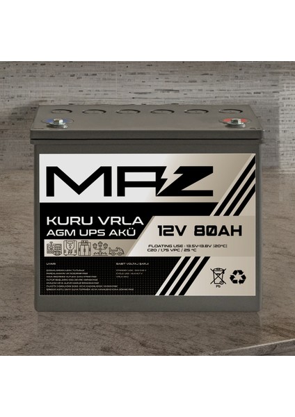 Maz Akü 12 Volt 80 Amper (Ah) Kuru Agm Vrla Güç Kaynağı Ups Akü